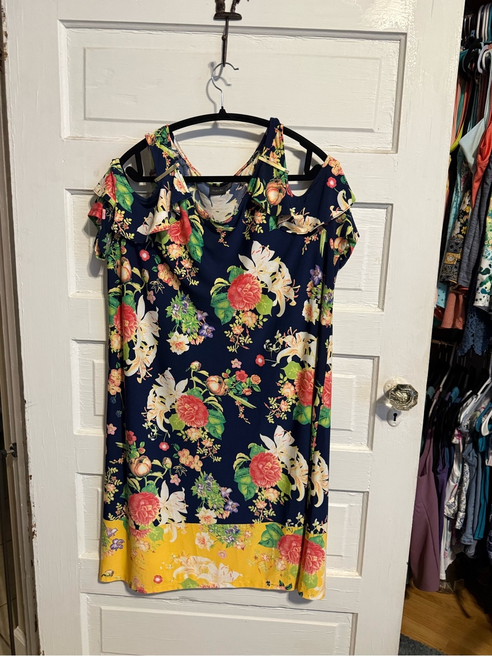 Rafaella Navy Floral One-Shoulder Dress with Yellow Hem